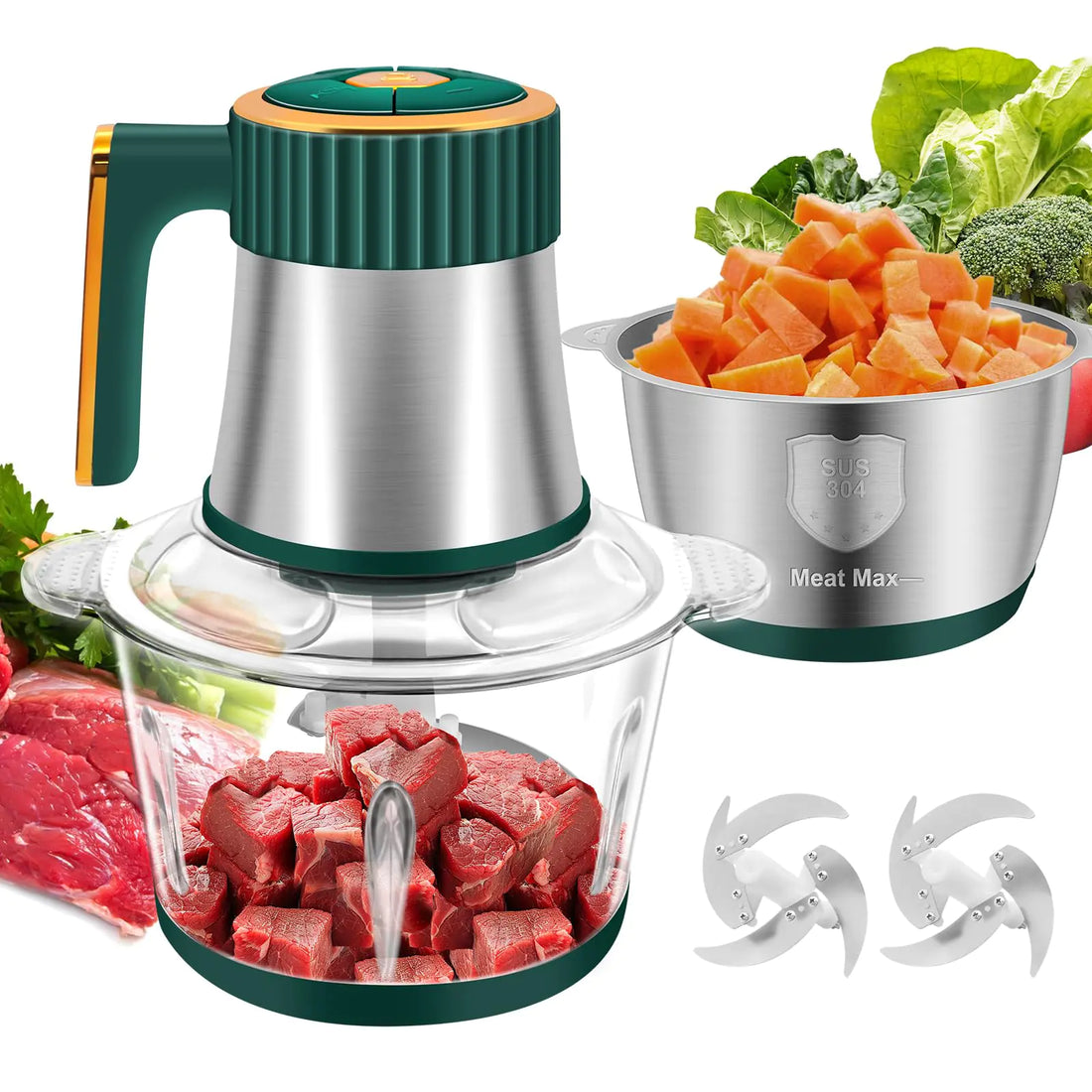 Food Processor 5 Speed Meat Grinder Electric Food Chopper with 2 Bowls (8 Cup+8 Cup) 4 Bi-Level Blades Mini Kitchen Cutter for Vegetable Onion Garlic Meat Nuts and Baby Food (300W Green-2L)
